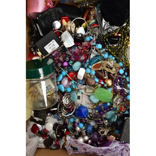 186 - A BOX OF ASSORTED COSTUME JEWELLERY, to include various beaded necklaces and bracelets, brooches, ea... 