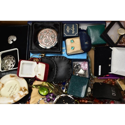186 - A BOX OF ASSORTED COSTUME JEWELLERY, to include various beaded necklaces and bracelets, brooches, ea... 