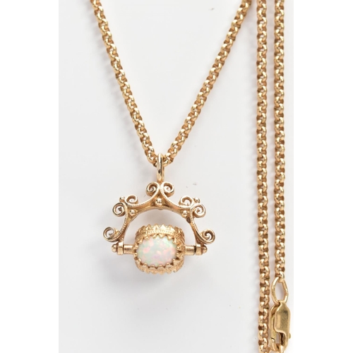 61 - A YELLOW METAL SWIVEL FOB PENDANT AND CHAIN, the swivel fob set with three oval synthetic opal caboc... 