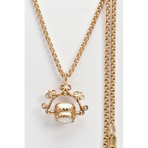 61 - A YELLOW METAL SWIVEL FOB PENDANT AND CHAIN, the swivel fob set with three oval synthetic opal caboc... 