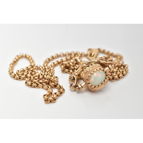 61 - A YELLOW METAL SWIVEL FOB PENDANT AND CHAIN, the swivel fob set with three oval synthetic opal caboc... 
