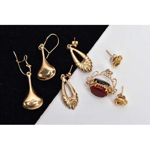 63 - THREE PAIRS OF YELLOW METAL EARRINGS AND A SWIVEL FOB PENDANT, to include two pairs of drop earrings... 
