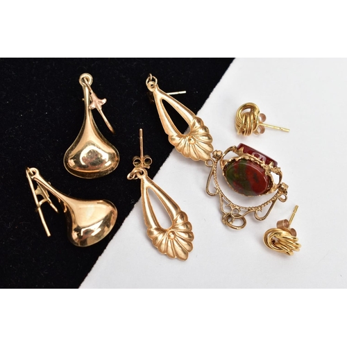 63 - THREE PAIRS OF YELLOW METAL EARRINGS AND A SWIVEL FOB PENDANT, to include two pairs of drop earrings... 
