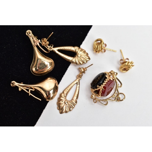 63 - THREE PAIRS OF YELLOW METAL EARRINGS AND A SWIVEL FOB PENDANT, to include two pairs of drop earrings... 