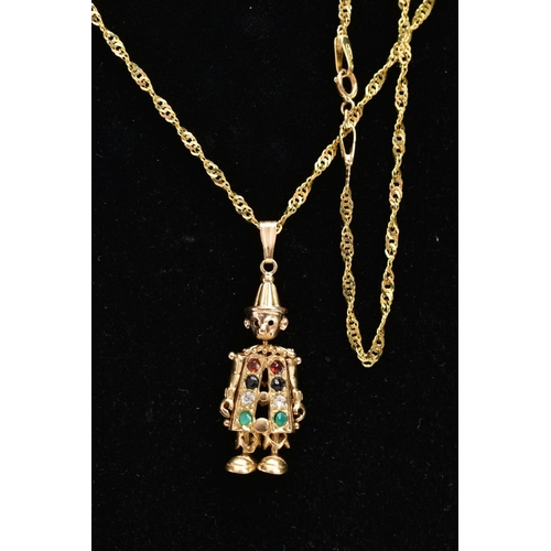 64 - A 9CT GOLD CLOWN PENDANT NECKLACE, the small articulated clown pendant, set with colourful stones to... 