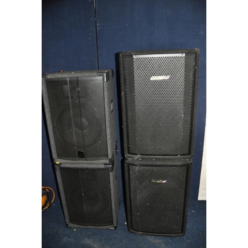 1343 - TWO PAIRS OF P.A SPEAKERS comprising of a pair of Carlsbro HS15 trapezoidal speakers with 15in and h... 