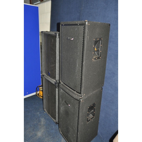 1343 - TWO PAIRS OF P.A SPEAKERS comprising of a pair of Carlsbro HS15 trapezoidal speakers with 15in and h... 