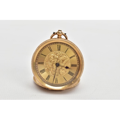 101 - A LADY'S YELLOW METAL OPEN FACE POCKET WATCH, black Roman numerals, purple hour and minute hands, fl... 