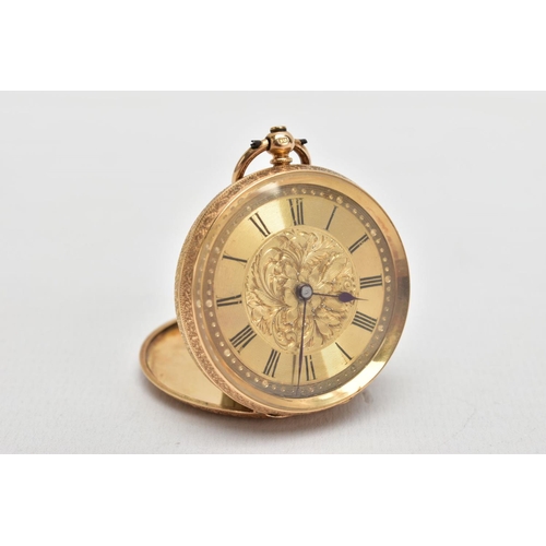 101 - A LADY'S YELLOW METAL OPEN FACE POCKET WATCH, black Roman numerals, purple hour and minute hands, fl... 