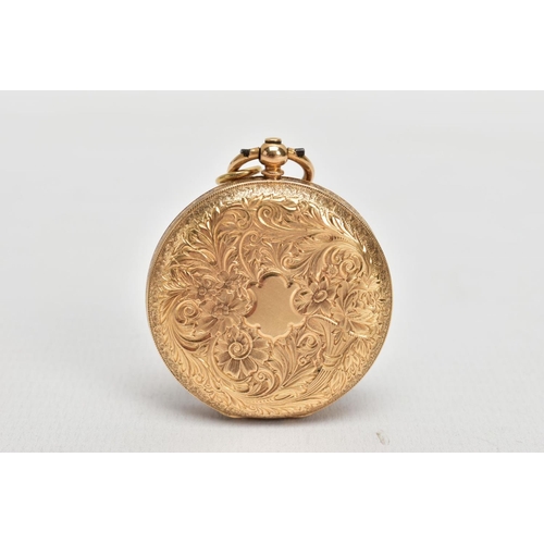 101 - A LADY'S YELLOW METAL OPEN FACE POCKET WATCH, black Roman numerals, purple hour and minute hands, fl... 
