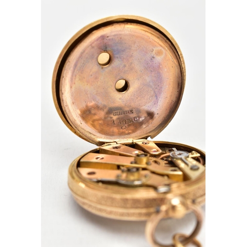 101 - A LADY'S YELLOW METAL OPEN FACE POCKET WATCH, black Roman numerals, purple hour and minute hands, fl... 