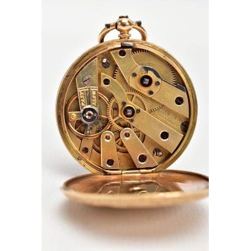 101 - A LADY'S YELLOW METAL OPEN FACE POCKET WATCH, black Roman numerals, purple hour and minute hands, fl... 