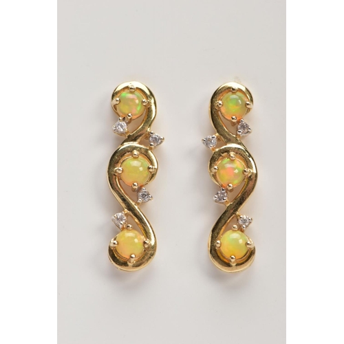 109 - A PAIR OF 9CT GOLD, OPAL DROP EARRINGS, each drop set with three circular opal cabochons, and four c... 