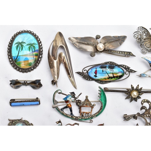 180 - A SELECTION OF SILVER AND WHITE METAL BROOCHES AND PENDANTS, abstract harp brooch, approximate lengt... 