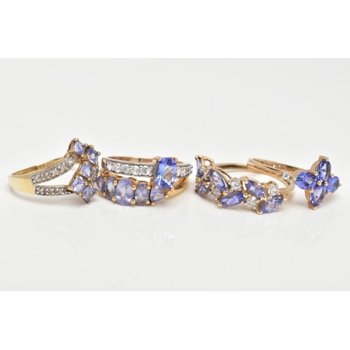 72 - FIVE 9CT GOLD TANZANITE RINGS, five stone tanzanite ring, comprising three oval tanzanite's,  two tr... 