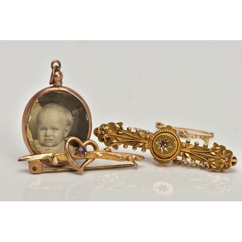 97 - A VICTORIAN BROOCH, HEART BROOCH AND LOCKET, the Victorian brooch designed with a star set, rose cut... 