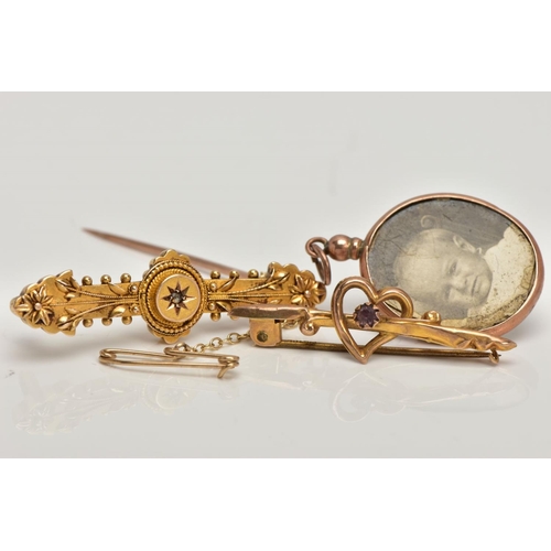 97 - A VICTORIAN BROOCH, HEART BROOCH AND LOCKET, the Victorian brooch designed with a star set, rose cut... 
