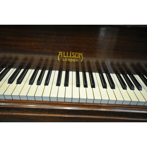 1589 - AN ALLISON OF LONDON MAHOGANY 4FT4 BABY GRAND PIANO, serial number unknown, supplied by Harrods of L... 