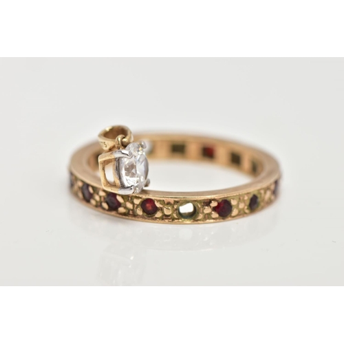 17 - A 9CT GOLD FULL ETERNITY RING AND A PENDANT, the ring set with circular cut garnets (two are missing... 