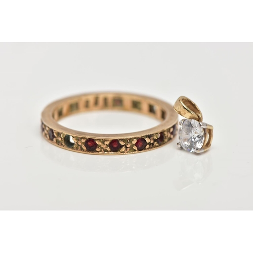 17 - A 9CT GOLD FULL ETERNITY RING AND A PENDANT, the ring set with circular cut garnets (two are missing... 
