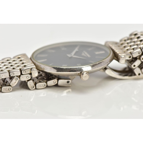 95 - A GENTLEMENS 'LONGINES' WRISTWATCH, round black textured dial signed 'Longines', Roman numerals, sil... 