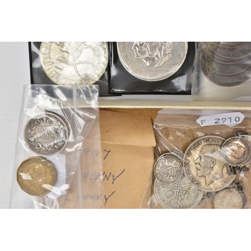 165 - A CARDBOARD TRAY OF MIXED COINS, to include a good grade George V 1936 Florin, 1864 Shilling Die14, ... 