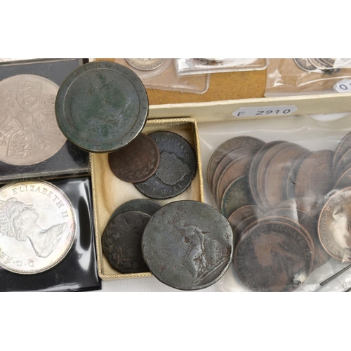 165 - A CARDBOARD TRAY OF MIXED COINS, to include a good grade George V 1936 Florin, 1864 Shilling Die14, ... 