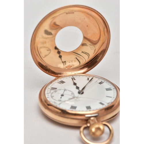 2 - A 9CT GOLD HALF HUNTER POCKET WATCH, round white dial, Roman numerals, seconds subsidiary dial at th... 