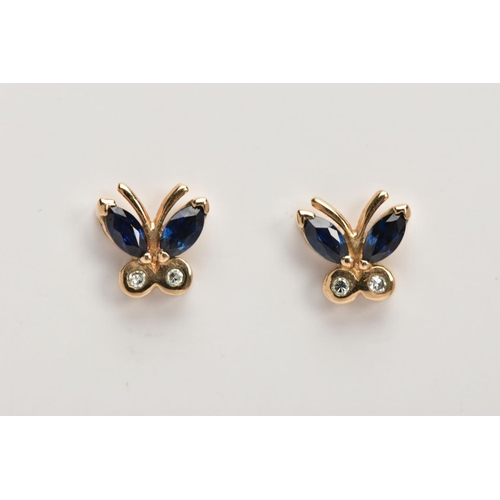 61 - A PAIR OF 9CT GOLD SAPPHIRE AND DIAMOND EARRINGS, each of a butterfly form, set with two marquise cu... 