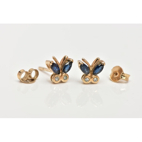 61 - A PAIR OF 9CT GOLD SAPPHIRE AND DIAMOND EARRINGS, each of a butterfly form, set with two marquise cu... 