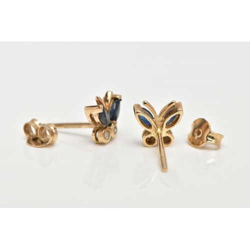 61 - A PAIR OF 9CT GOLD SAPPHIRE AND DIAMOND EARRINGS, each of a butterfly form, set with two marquise cu... 