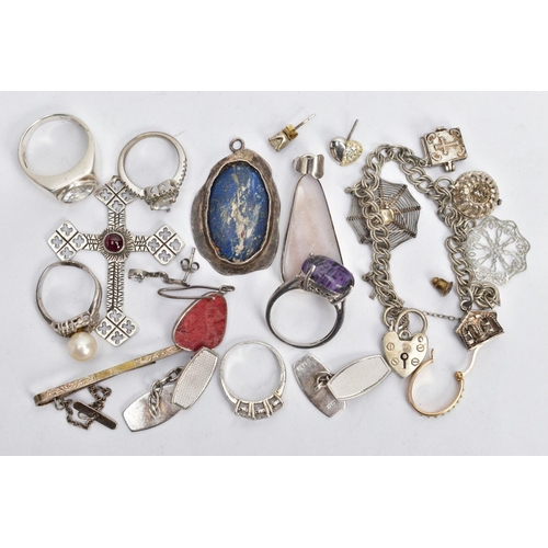 182 - AN ASSORTMENT OF SILVER AND WHITE METAL JEWELLERY ITEMS, to include a pair of silver chain link cuff... 