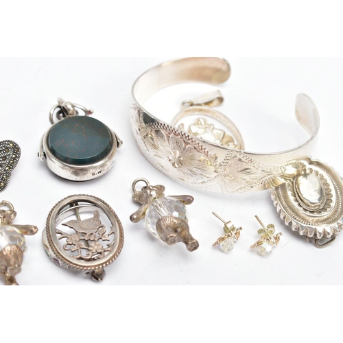 183 - A GEM SET RING AND ASSORTMENT OF SILVER AND WHITE METAL JEWELLERY, white metal band set with three c... 