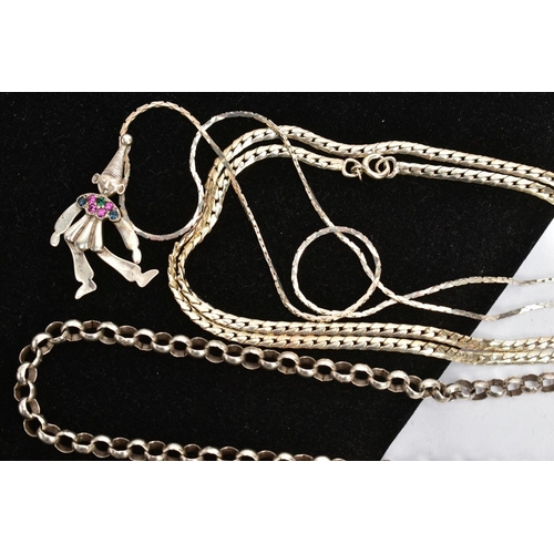 184 - AN ASSORTMENT OF SILVER AND WHITE METAL JEWELLERY ITEMS, to include a silver Rolo belcher chain, app... 
