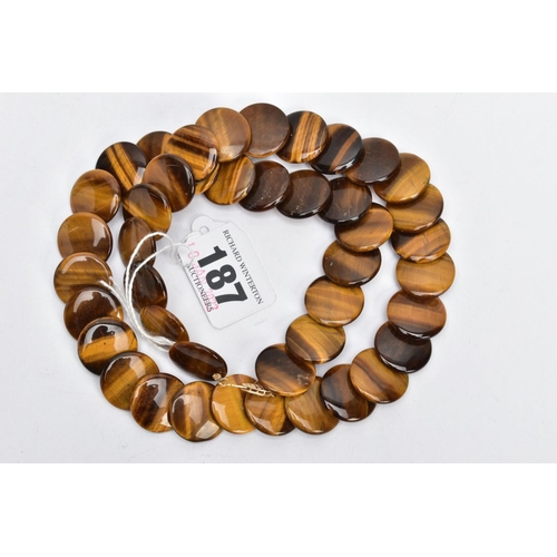 187 - A TIGERS EYE NECKLACE, necklace consisting of forty-three polished tigers eye circular shaped disks,... 