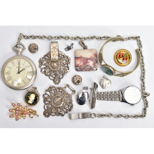 189 - ASSORTED COSTUME JEWELLERY, to include a floral and scrolling design belt clasp, stamped with a Fren... 