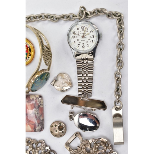 189 - ASSORTED COSTUME JEWELLERY, to include a floral and scrolling design belt clasp, stamped with a Fren... 