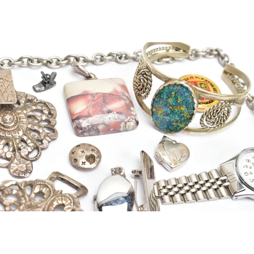 189 - ASSORTED COSTUME JEWELLERY, to include a floral and scrolling design belt clasp, stamped with a Fren... 