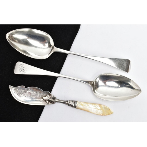 192 - SILVER CUTLERY ITEMS, to include two silver serving spoons both engraved with the initials 'ISP', ha... 