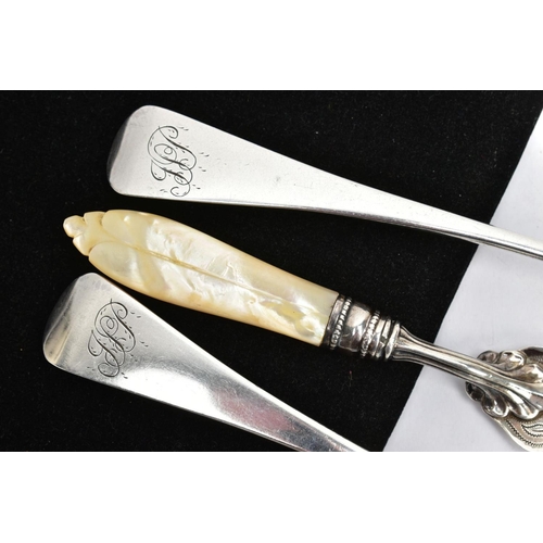 192 - SILVER CUTLERY ITEMS, to include two silver serving spoons both engraved with the initials 'ISP', ha... 