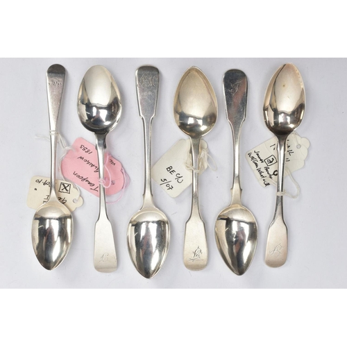 195 - AN ASSORTMENT OF SILVER TEASPOONS, six silver teaspoons, including old English pattern and old Engli... 
