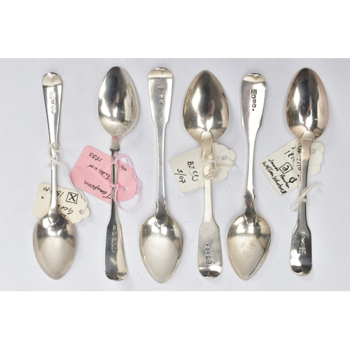195 - AN ASSORTMENT OF SILVER TEASPOONS, six silver teaspoons, including old English pattern and old Engli... 