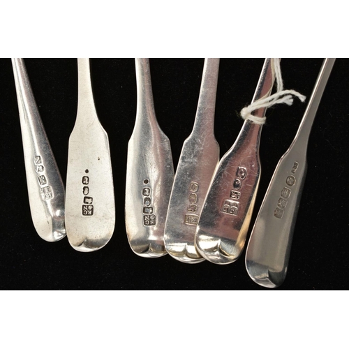 195 - AN ASSORTMENT OF SILVER TEASPOONS, six silver teaspoons, including old English pattern and old Engli... 