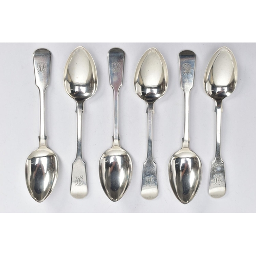 196 - A SET OF SIX SILVER TEASPOONS, six matching old English fiddle pattern teaspoons all engraved with t... 
