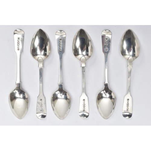 196 - A SET OF SIX SILVER TEASPOONS, six matching old English fiddle pattern teaspoons all engraved with t... 