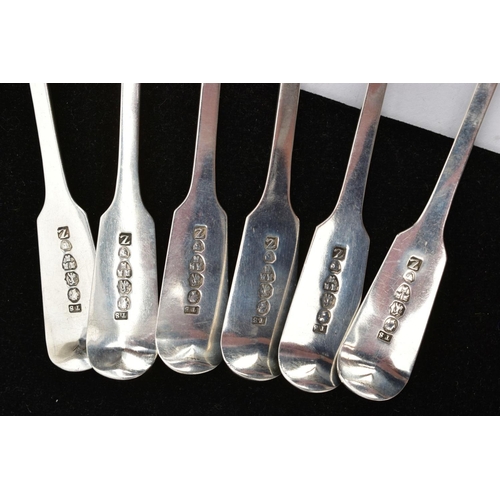 196 - A SET OF SIX SILVER TEASPOONS, six matching old English fiddle pattern teaspoons all engraved with t... 