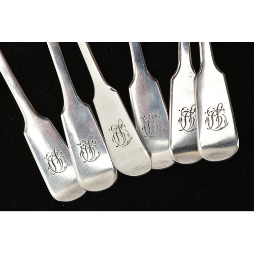 196 - A SET OF SIX SILVER TEASPOONS, six matching old English fiddle pattern teaspoons all engraved with t... 