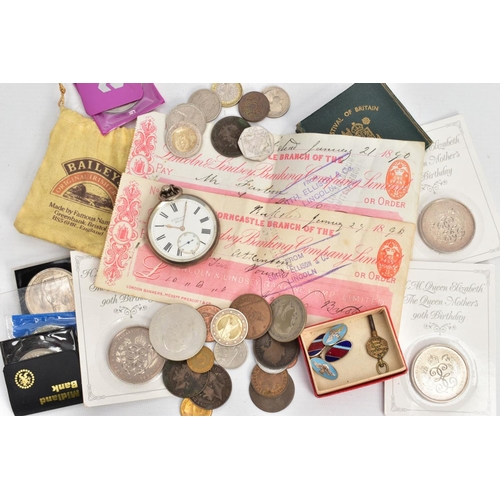 204 - A SILVER POCKET WATCH AND SELECTION OF COINS, a silver pocket watch with a white dial, black roman n... 