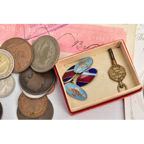 204 - A SILVER POCKET WATCH AND SELECTION OF COINS, a silver pocket watch with a white dial, black roman n... 