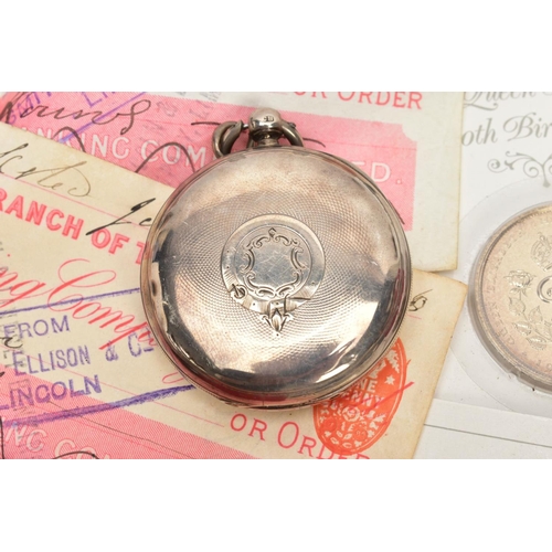204 - A SILVER POCKET WATCH AND SELECTION OF COINS, a silver pocket watch with a white dial, black roman n... 